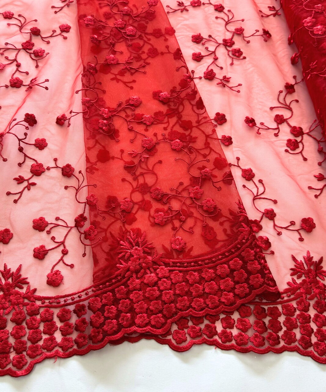 Red Sequin Embroidered Lace Fabric by the Yard, 54" Wide Floral Mesh Lace with Double Scalloped Edges